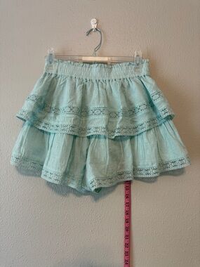 Altar'd State Light Aqua Tiered Lace-Trim Shorts